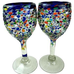 Hand Blown Mexican Art Glass Blue Rim Colorful Confetti Wine Glass Goblet Pair